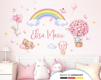 Wandtattoo Tiere Regenbogen personalisiert Wandsticker Kinderzimmer Wandaufkleber Babyzimmer Schmetterlinge Mädchen Heißluftballon DL5134