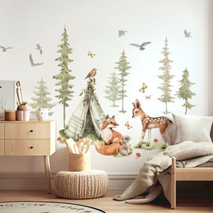 Forest animals wall stickers for children's rooms trees set wall decal for baby room deer fox wall sticker watercolor decoration self-adhesive DL5000A