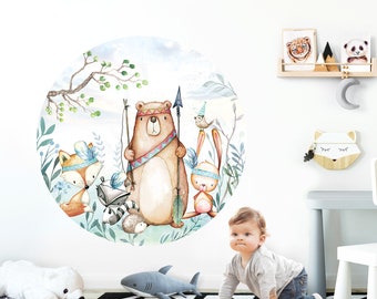 Autocollant mural rond animaux de la forêt et ours avec arc et flèche, autocollant mural pour chambre de bébé garçon, décoration de chambre d'enfant DL591
