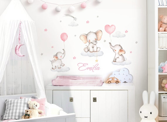 Wandtattoo selbsklebend Babyzimmer Elefanten mit Wunschname Aufkleber  Kinderzimmer Wandsticker Ballons Wandaufkleber Wolken Mädchen DL710