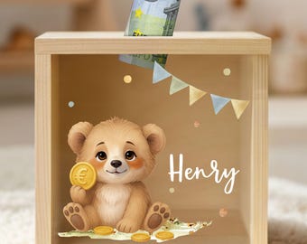 Personalized piggy bank, piggy bank, children's piggy bank, wooden piggy bank, christening gift, birth gifts, back-to-school gift YHL1000