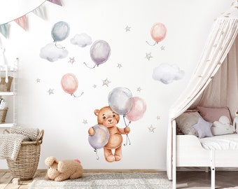 Bär mit Luftballons Wandtattoo Kinderzimmer Wandsticker mit Teddybär Ballons Wandaufkleber Baby DL833