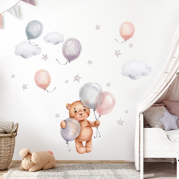 Bär mit Luftballons Wandtattoo Kinderzimmer Wandsticker mit Teddybär Ballons Wandaufkleber Baby DL833