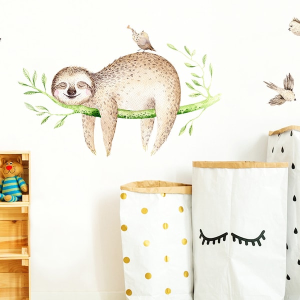 Wall Decal Sloth on Branch & Birds Nursery Baby Room Sticker Sticker Wall Sticker Wall Sticker Adhesive Poster Stickers DL147