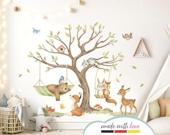 May include: A watercolor-style wall decal featuring a tree with a bear sleeping in a hammock, a fox, a deer, and a rabbit and squirrel on a swing. The decal also includes a birdhouse, butterflies, and the text "My Rules".