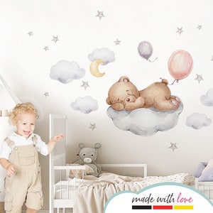 Adhesivo de pared de osito de peluche en una nube para habitación de bebé, oso, estrellas, luna, vinilo decorativo de pared, adhesivo de pared para habitación infantil DL832