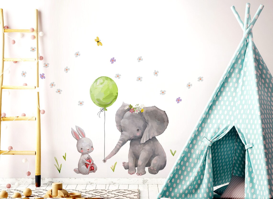 Wandtattoo Babyzimmer Hase und Elefant Ballon Grün Etsy