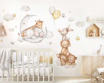 Stickers muraux animaux et lune bohèmes pour chambre d'enfant, stickers muraux ours ballon pour chambre de bébé, stickers muraux lapin, décoration autocollante DL5017