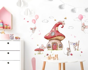 Wandaufkleber Kinderzimmer Mädchen Mäuse mit Ballons Wandtattoo Bienen selbsklebend Rosa Schmetterlinge Familie Wandsticker Pilz Haus DL740