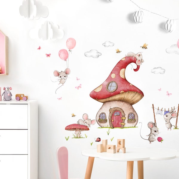 Wall sticker nursery girls mice with balloons wall decal bees self-adhesive pink butterflies family wall sticker mushroom house DL740