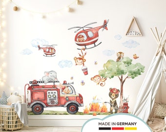 May include: A set of red and white watercolor animal and vehicle wall decals. The decals include a fire truck, a helicopter, an elephant, a monkey, an owl, and a bear. The decals are perfect for a child's bedroom or playroom. The decals are made in Germany.