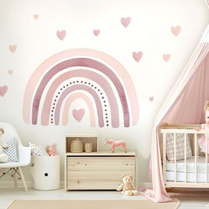 Regenbogen Aquarell Wandtattoo für Kinderzimmer Herzen Pastell Wandsticker für Babyzimmer Wandaufkleber selbstklebend Wanddeko DL5009 zdjęcie 1