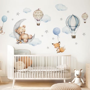 Bär auf Mond Wandsticker Tiere für Babyzimmer Wandtattoo Heißluftballon für Kinderzimmer Wandaufkleber Deko selbstklebend DL850