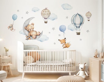 Bär auf Mond Wandsticker Tiere für Babyzimmer Wandtattoo Heißluftballon für Kinderzimmer Wandaufkleber Deko selbstklebend DL850