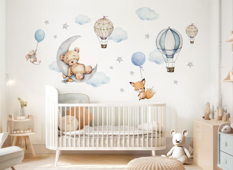 Bär auf Mond Wandsticker Tiere für Babyzimmer Wandtattoo Heißluftballon für Kinderzimmer Wandaufkleber Deko selbstklebend DL850 Bild 1