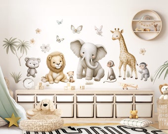 Autocollant mural avec animaux de safari pour chambre de bébé, éléphant de la jungle, autocollant mural pour chambre d'enfant, décoration murale autocollante en forme de lion DL5024