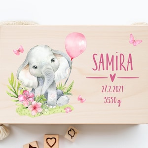 Personalized baby memory box, wooden storage box, baby girl gift for birth, elephant memory box, baptism gift XHL1027