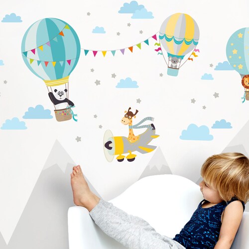 Sticker Animals in Hot Air Balloon & Giraffe in Airplane Gray Etsy