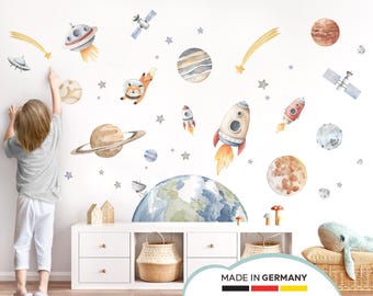 May include: A set of colorful space-themed wall decals featuring planets, stars, rockets, a spaceship, and a fox in a spacesuit. The decals are perfect for a child's bedroom or playroom.
