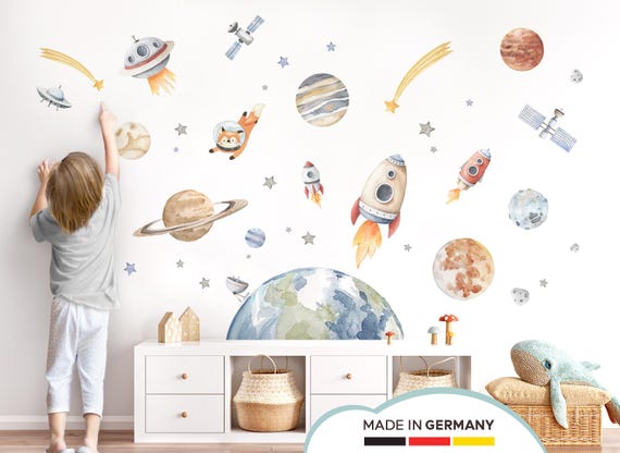 Wandsticker Sonnensystem XXL Set Wandtattoo  für Kinderzimmer Weltraum Wandaufkleber für Babyzimmer Planeten Sterne selbstklebend DL5115