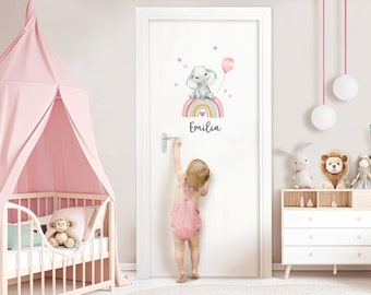 Autocollant de porte éléphant avec arc-en-ciel, autocollant mural pour chambre d'enfant, autocollant mural personnalisé avec nom, pour décoration de chambre de bébé DL995