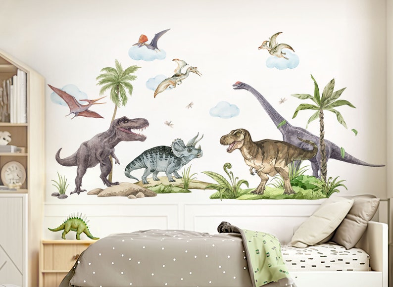 Kit de stickers muraux dinosaures pour chambre d'enfant Autocollant mural animaux DIno pour chambre de bébé Autocollant mural palmier Décoration autocollante DL5014 image 1