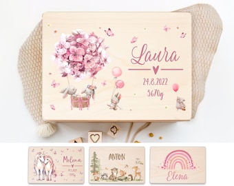 May include: A wooden box with a pink floral design and a hot air balloon with bunnies. The box is personalized with the name "Laura", the date "24.8.2022", and the weight "3670g".