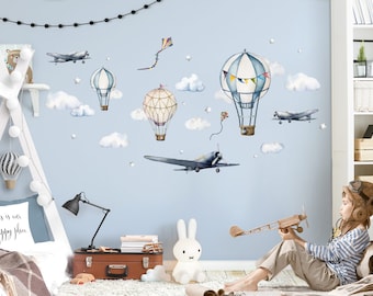 Autocollant mural pour chambre d'enfant, garçon, avion, ballon, étoiles, aquarelle, nuages, ballon à air chaud DL707