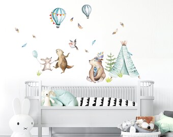 Wandtattoo Kinderzimmer Wandsticker Waldtiere Wandaufkleber Bär Ballon Wanddeko Spielzimmer Baby Wandbild Mädchen Junge Kind DL723