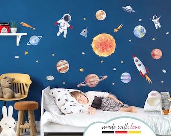 Wall sticker solar system with planets, sun, spaceship, self-adhesive wall decal for children's room, space with astronaut and DL700 rocket