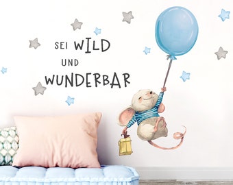 Wandbilder Spruch sei wild & Maus Wandbild Luftballon Wandtattoo Aufkleber Kinderzimmer Junge Deko Babyzimmer Kinder DL317