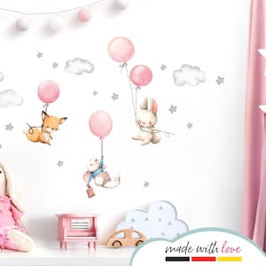 Wall sticker baby room fox mouse and rabbit with balloon stars clouds sticker children's room girl wall sticker baby girl room DL609