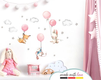 Wall sticker for baby room: fox, mouse and rabbit with balloon, stars, clouds, sticker for girls' nursery, wall sticker for baby girl's room DL609