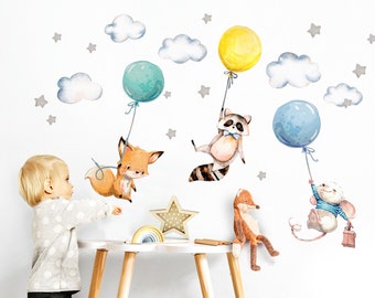 Autocollant chambre bébé animaux & ballons raton laveur renard étoiles souris chambre d'enfant sticker mural chambre garçon DL508