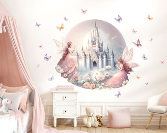 Adhesivo de pared XXL, castillo y hada, adhesivo de pared para habitación infantil, adhesivo redondo para pared, niña, rosa, decoración de habitación de bebé, dormitorio, autoadhesivo, DL5034