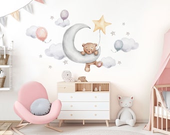 Autocollant mural ours sur la lune avec ballons, autocollant mural pour chambre de bébé, ours en peluche étoiles, décoration de chambre d'enfant DL829