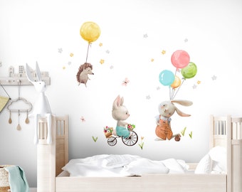 Autocollant mural autocollant chambre de bébé lapins hérisson étoiles ballons autocollant mural garçon chambre d'enfant fille fleurs chambre de fille DL728