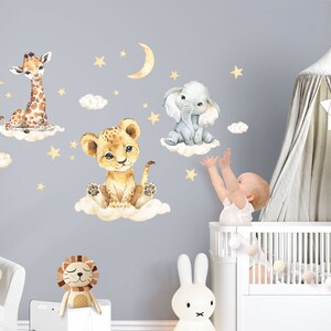 Autocollant mural pour chambre d'enfant Animaux de la jungle sur nuages Safari Autocollant mural pour chambre de bébé Autocollant mural Décoration murale DL918 image 1