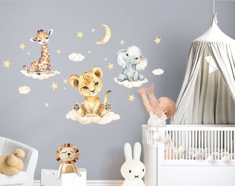 Autocollant mural pour chambre d'enfant Animaux de la jungle sur nuages Safari Autocollant mural pour chambre de bébé Autocollant mural Décoration murale DL918