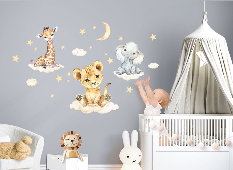 Autocollant mural pour chambre d'enfant Animaux de la jungle sur nuages Safari Autocollant mural pour chambre de bébé Autocollant mural Décoration murale DL918 image 1