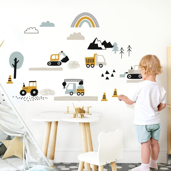 Wandsticker Fahrzeuge Set für Kinderzimmer Straße Bagger Auto Wandtattoo Babyzimmer Wandaufkleber Wanddeko DL912