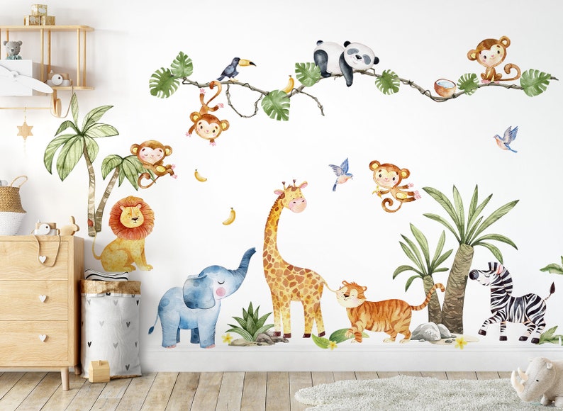 Autocollant mural animaux Safari, autocollant mural pour chambre d'enfant et bébé, décoration murale DL800 image 1