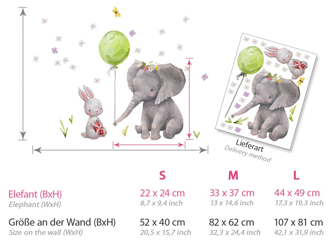 Wandtattoo Babyzimmer Hase und Elefant Ballon Grün Etsy