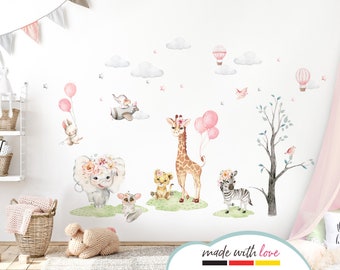 Wall sticker for a girl's bedroom, animals, jungle, zebra, elephant, lion, wall decal with stars and clouds, balloon wall sticker DL711