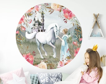 Autocollant mural rond animaux licorne princesse enfants décoration autocollant mural bébé autocollant fille auto-adhésif DL588