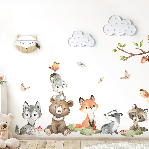 Autocollant mural animaux de la forêt pour chambre de bébé, renard, lapin, ours, autocollant mural pour chambre d'enfant, décoration autocollante DL839