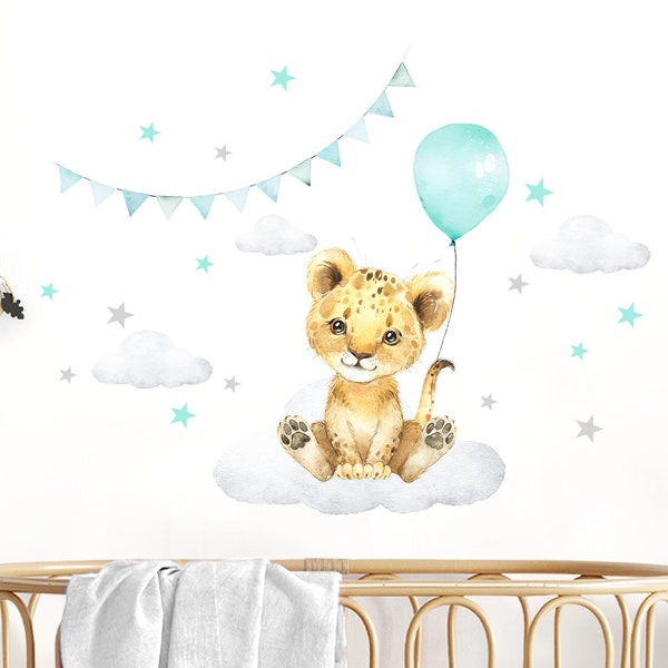 Wall Decal Children's Room Boy Girls Decoration Wall Sticker Baby Animals Lion Balloon Stars Safari Sticker Kids Mural Wall Decoration mint DL685