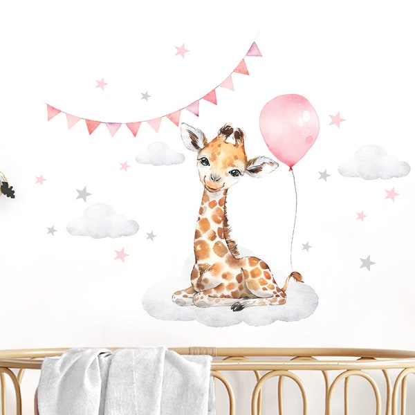 Wall Decal Children's Room Girl Decoration Wall Sticker Baby Animals Giraffe Balloon Stars Safari Sticker Kids Mural Wall Decoration pink DL681