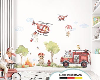 May include: A set of red and white watercolor wall decals featuring a fire truck, helicopters, and animals. The decals are perfect for a child's bedroom or playroom.  Made in Germany.