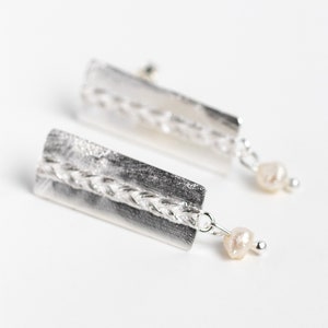 Feminine Braid and natural White Pearl  Earrings Handmade of Recycled Sterling Silver. Handmade in Latvia. One of a kind